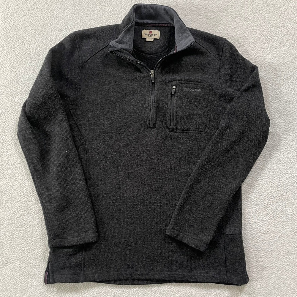 Woolrich Mens Medium Quarter Zip Fleece Pullover Charcoal Gray Heather Pocket